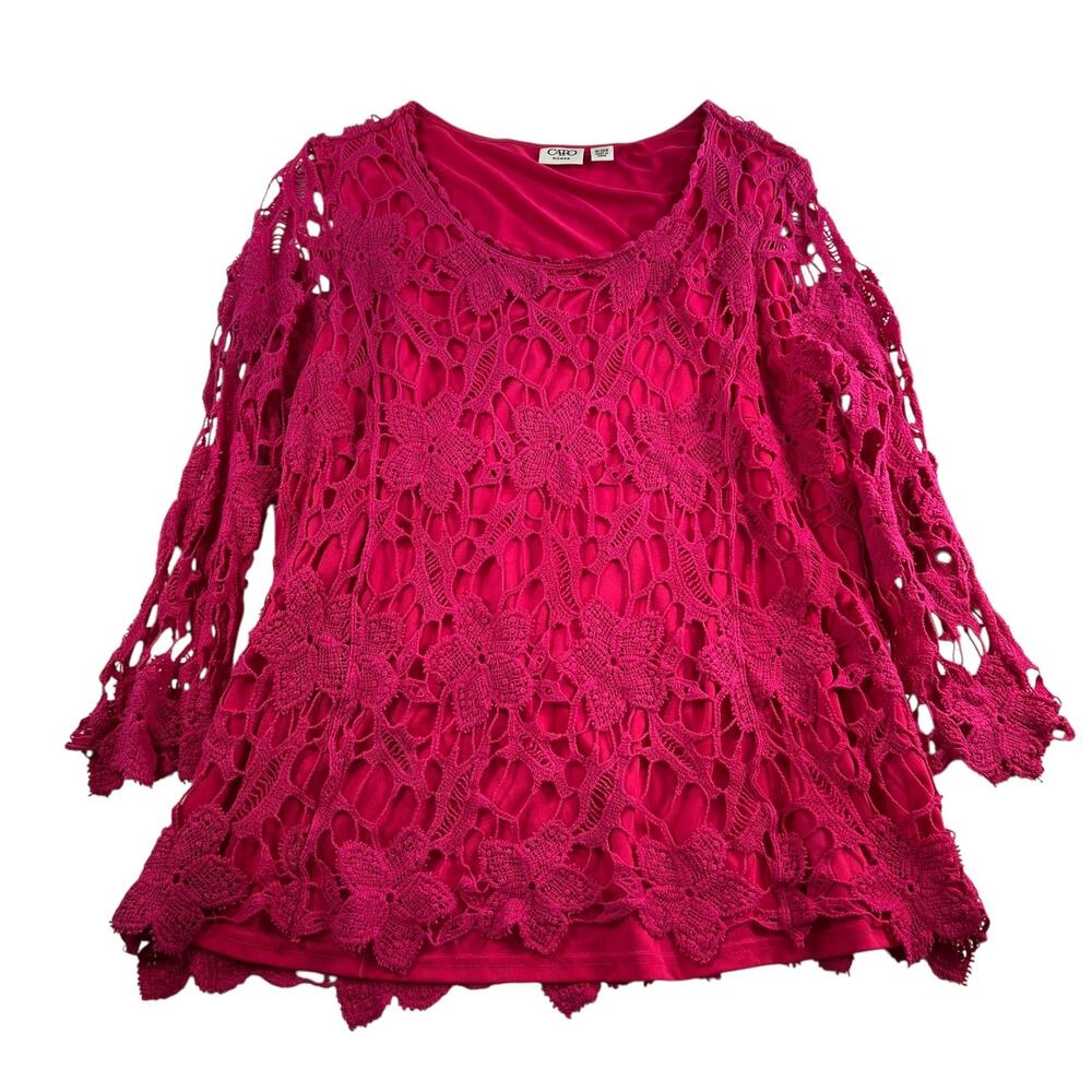 Vtg Y2K Cato Plus 18 / 20 Tunic Top Hot Pink Crochet Boho Festival Fairy Whimsy